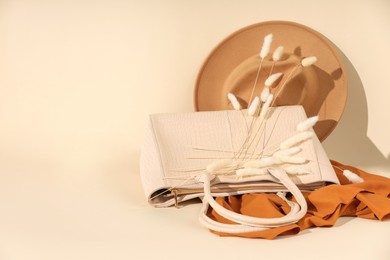 Photo of Clothes, hat and bag on beige background, space for text