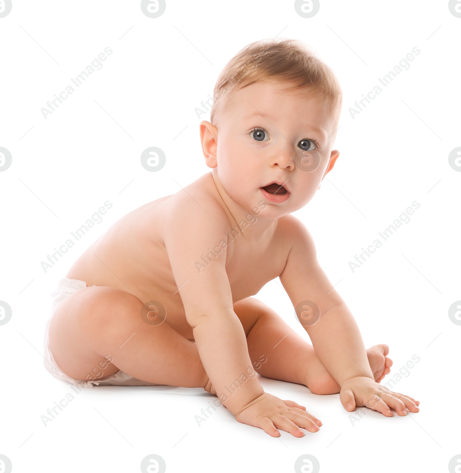 Photo of Little baby in diaper on white background