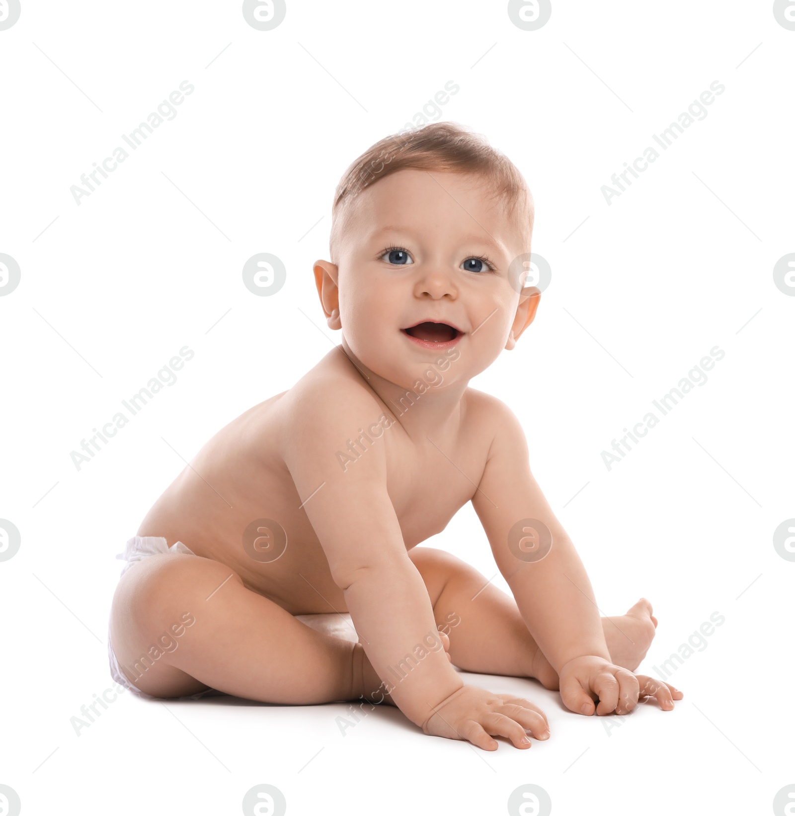 Photo of Little baby in diaper on white background