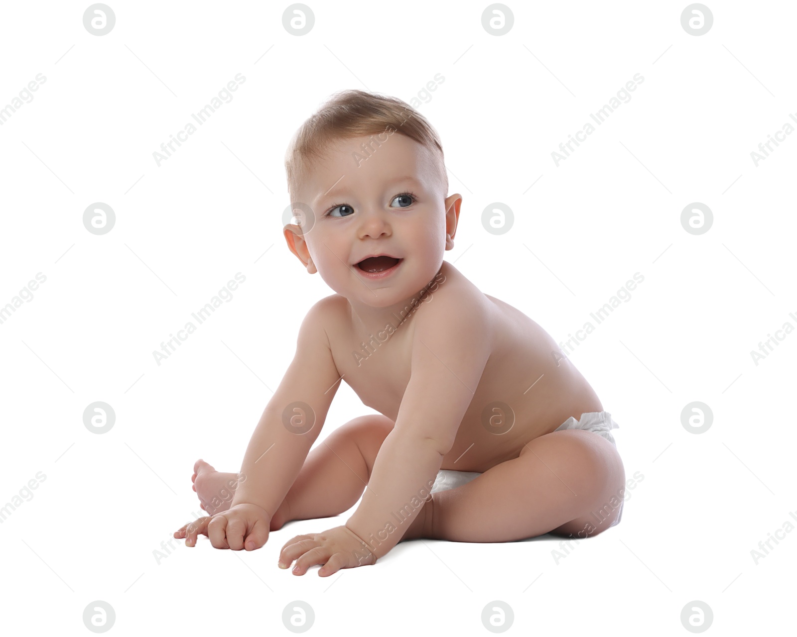 Photo of Little baby in diaper on white background