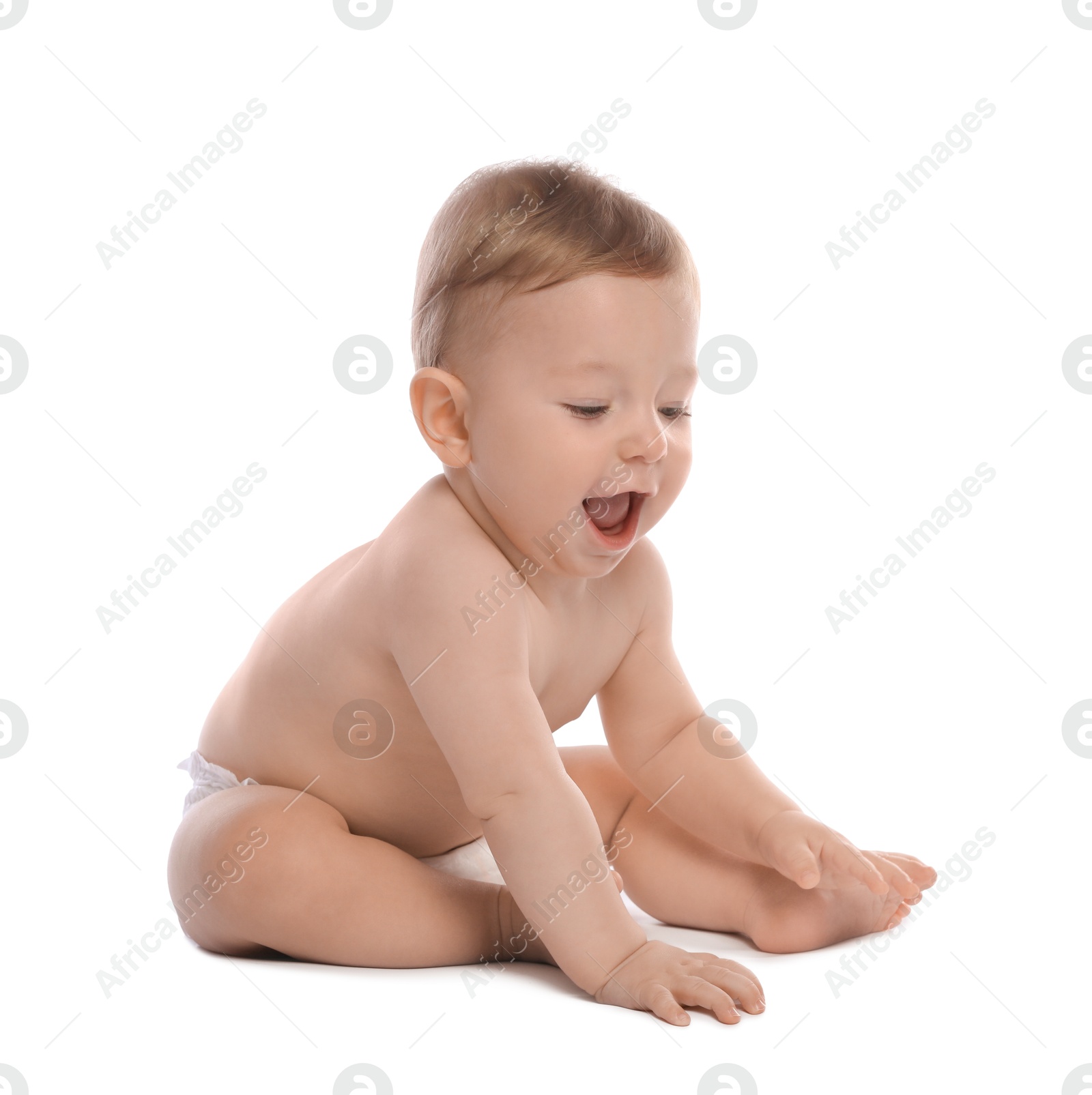 Photo of Little baby in diaper on white background