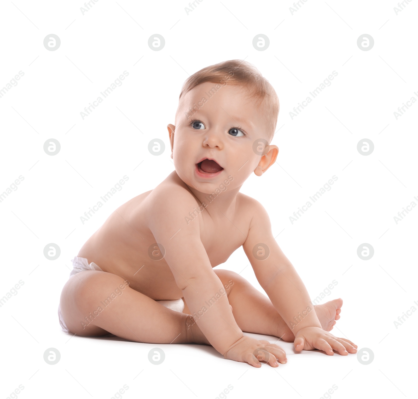 Photo of Little baby in diaper on white background