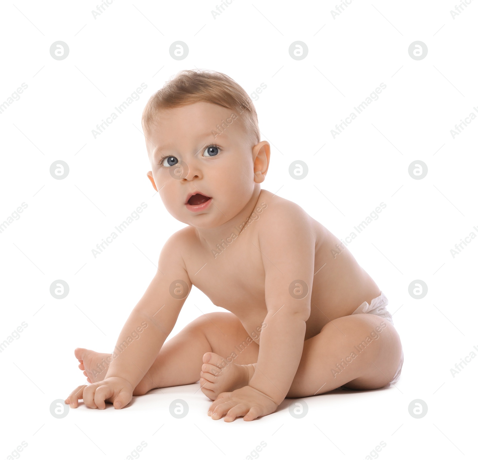 Photo of Little baby in diaper on white background