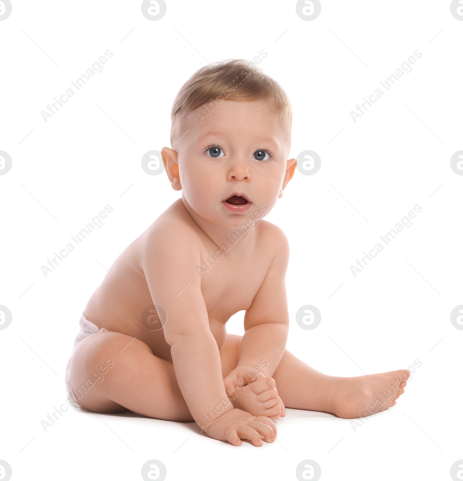 Photo of Little baby in diaper on white background