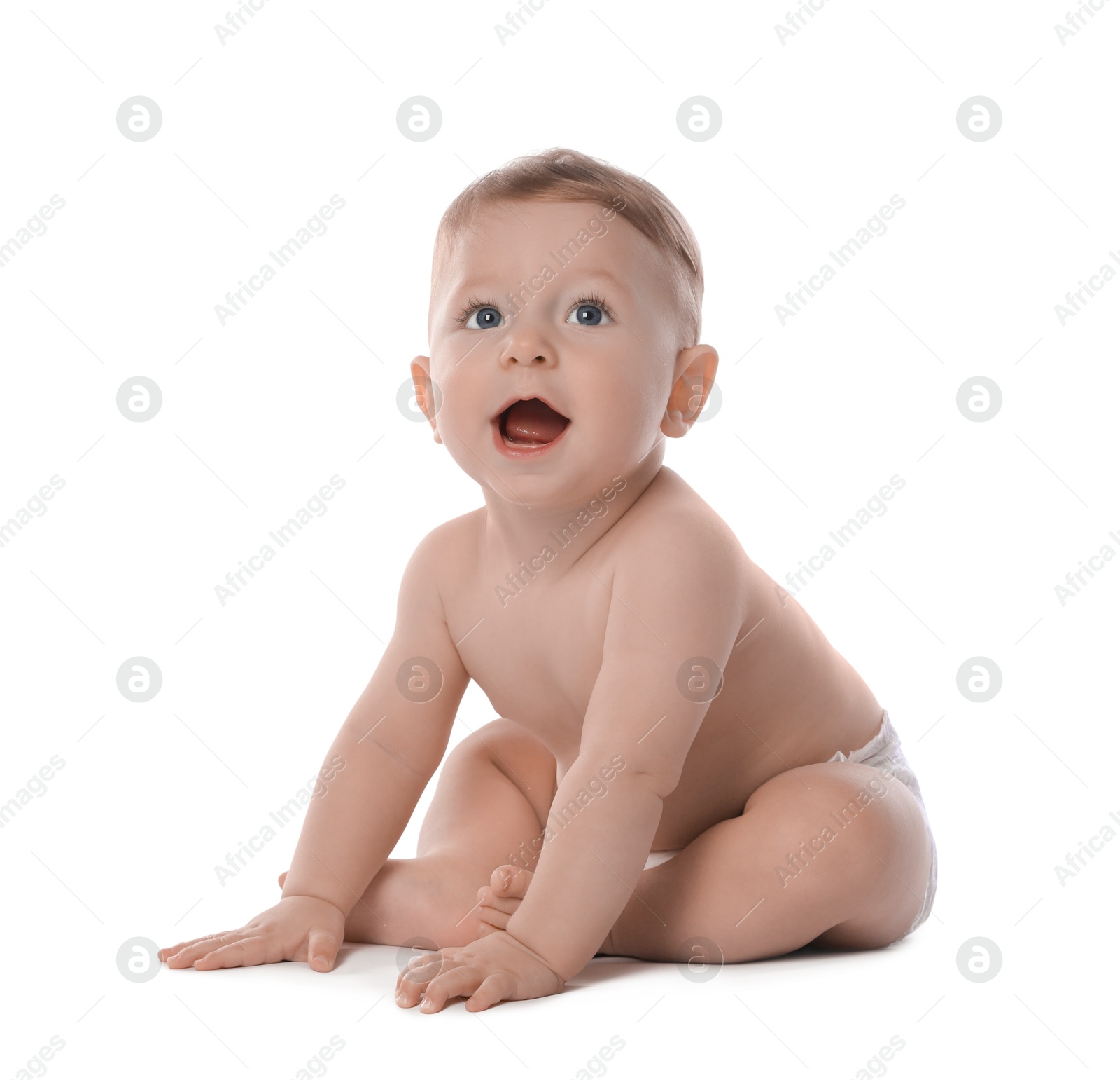 Photo of Little baby in diaper on white background