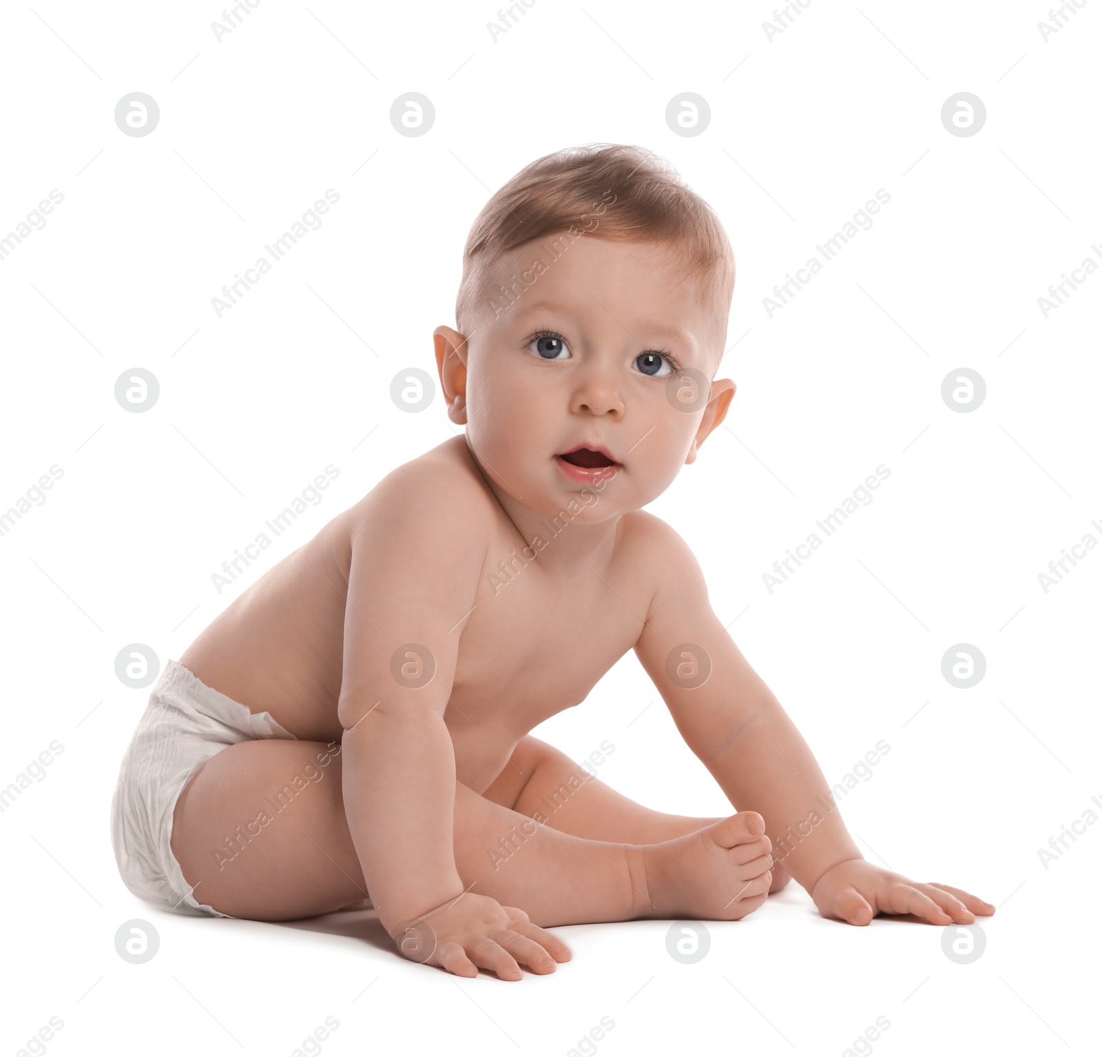 Photo of Little baby in diaper on white background