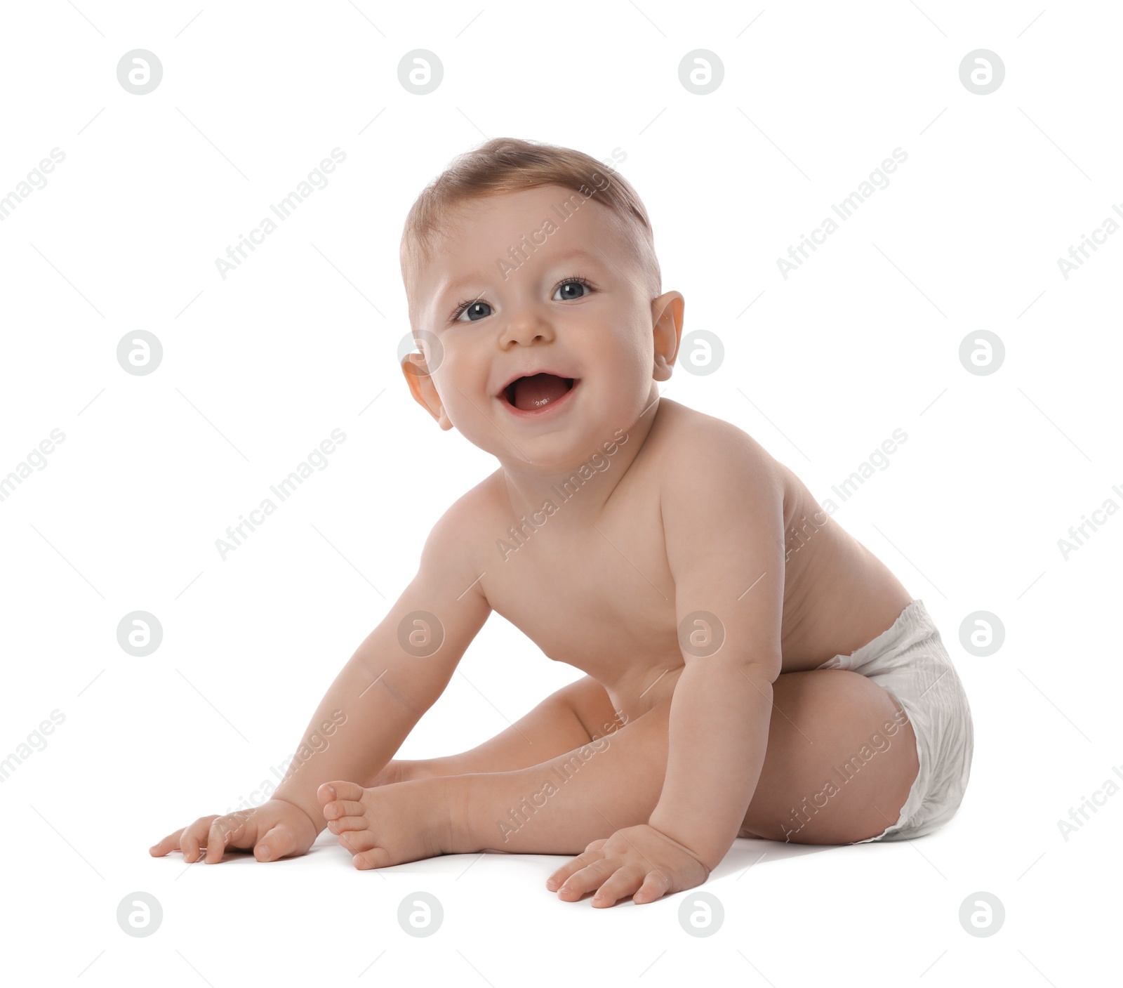 Photo of Little baby in diaper on white background