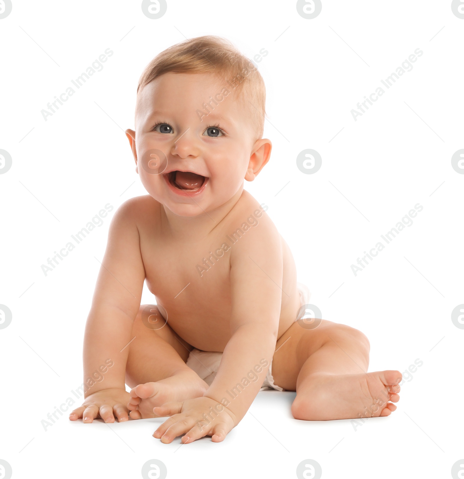 Photo of Little baby in diaper on white background