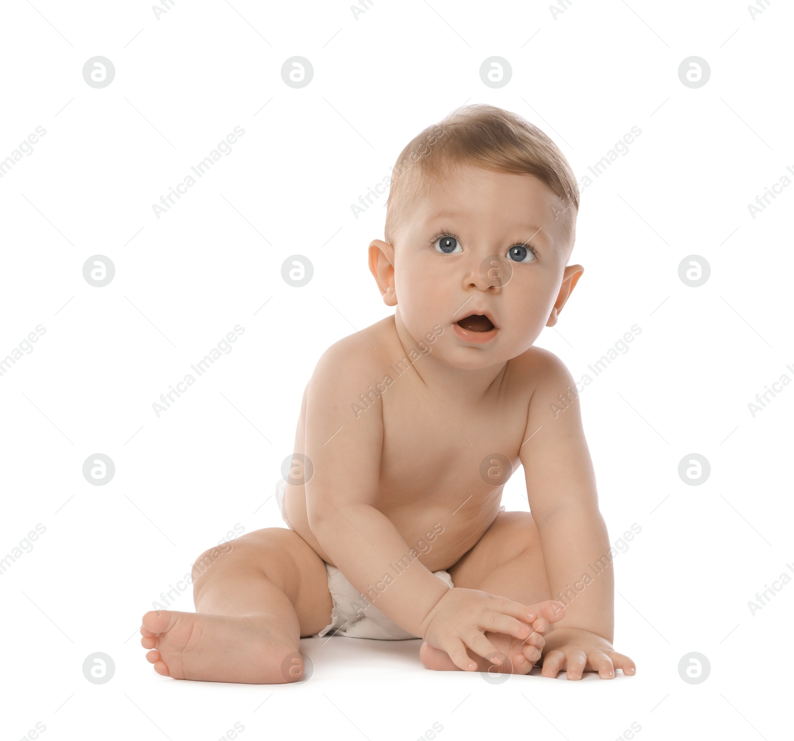 Photo of Little baby in diaper on white background