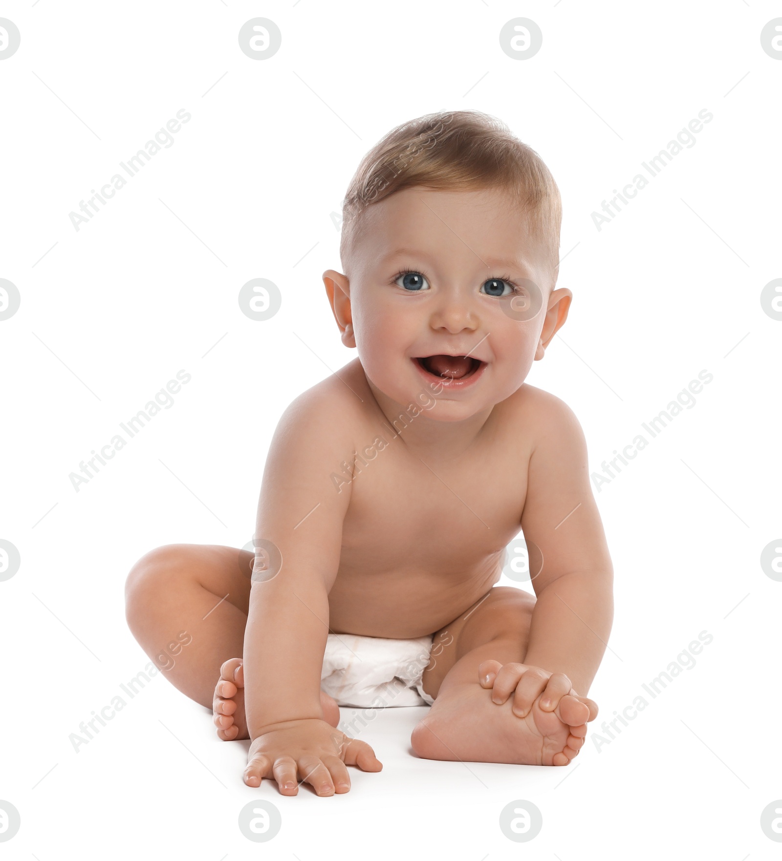 Photo of Little baby in diaper on white background