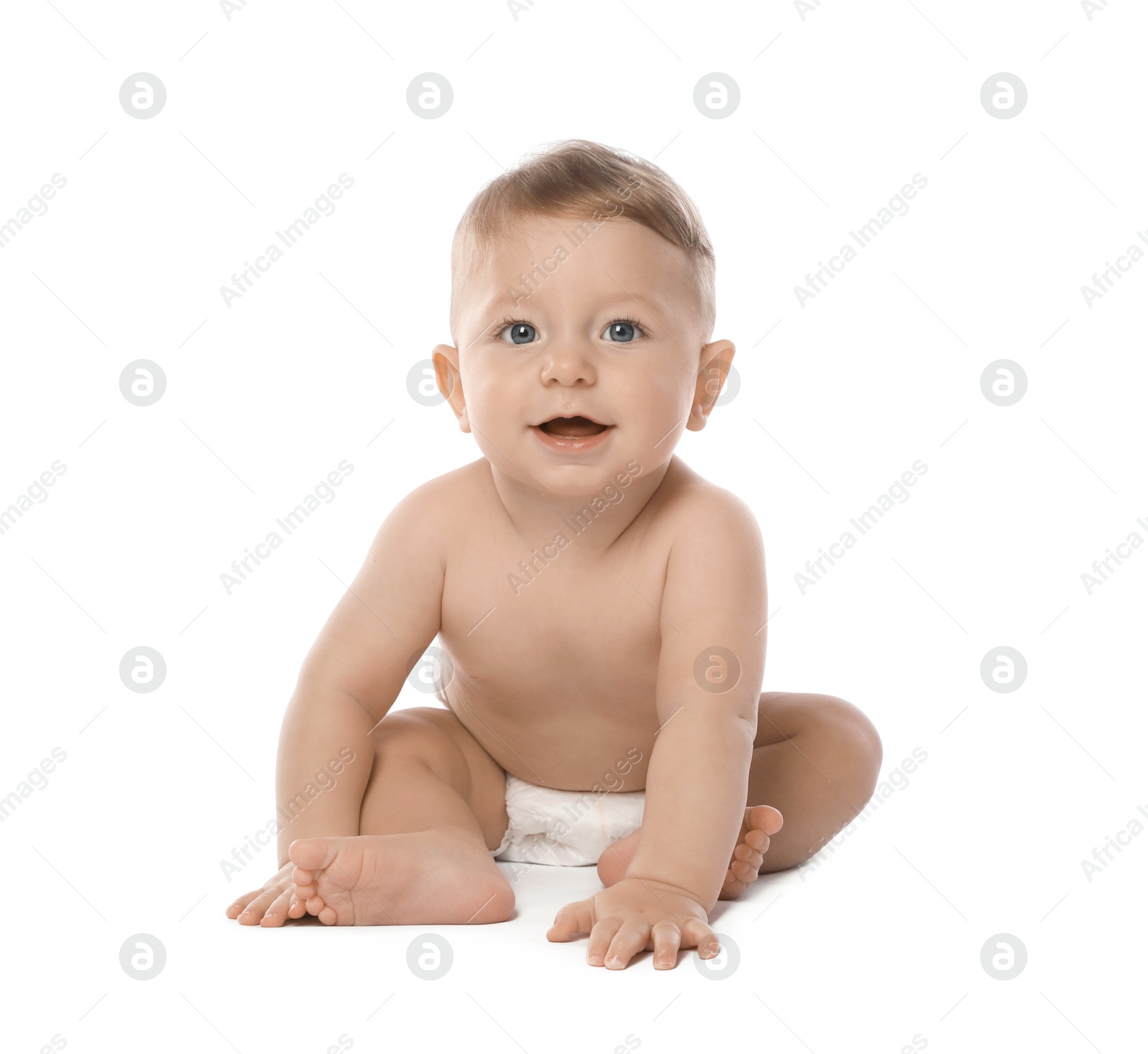 Photo of Little baby in diaper on white background