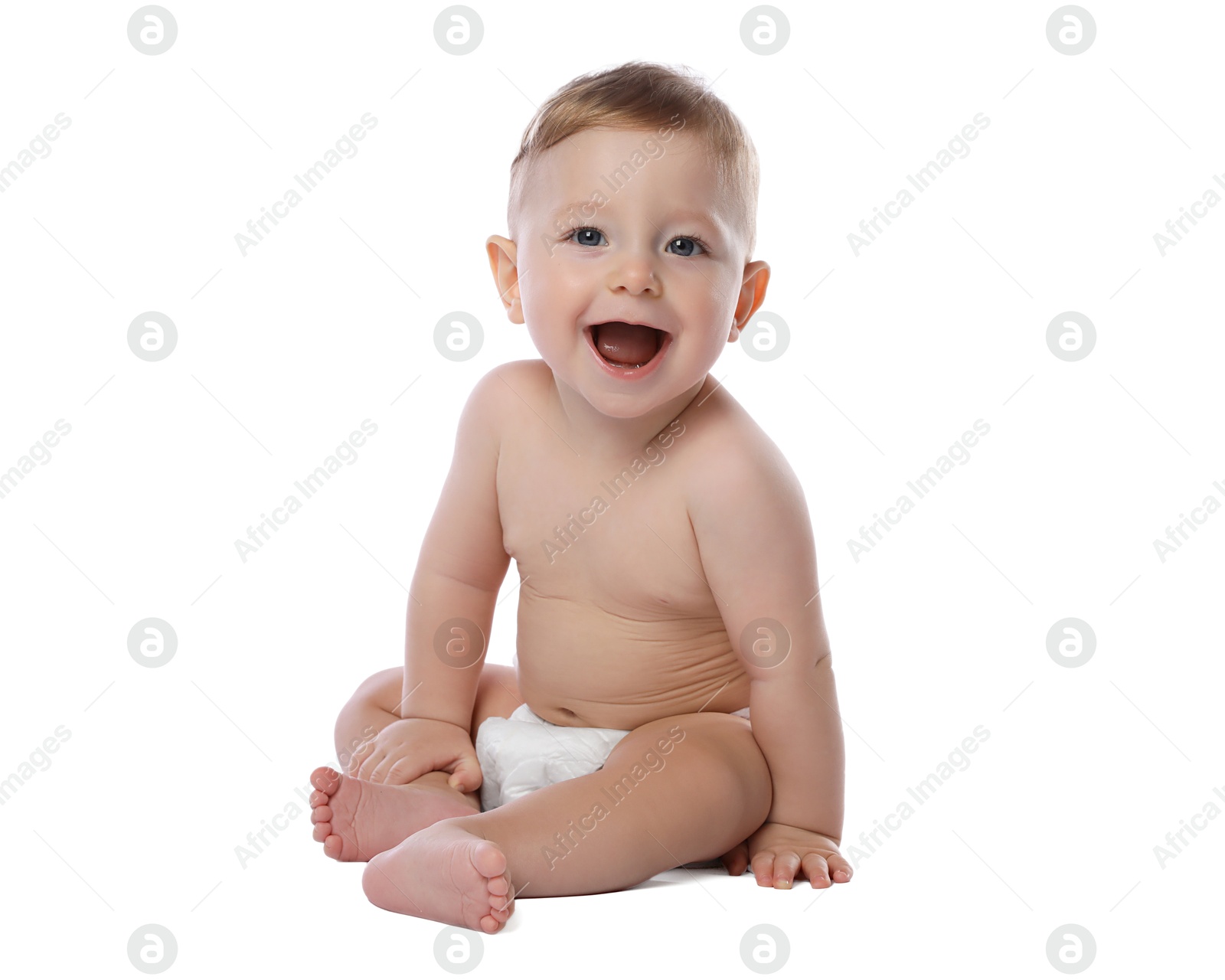 Photo of Little baby in diaper on white background