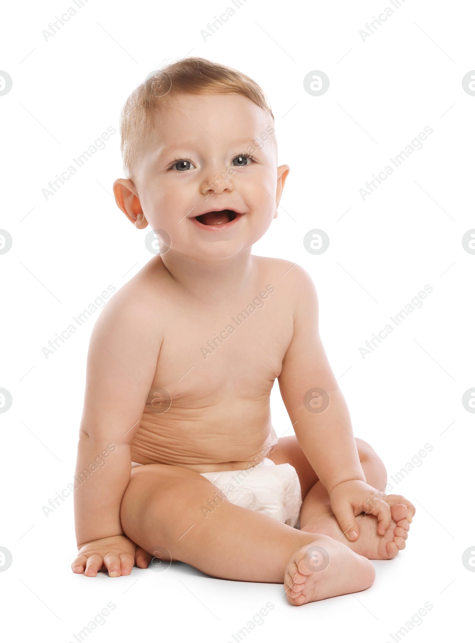 Photo of Little baby in diaper on white background