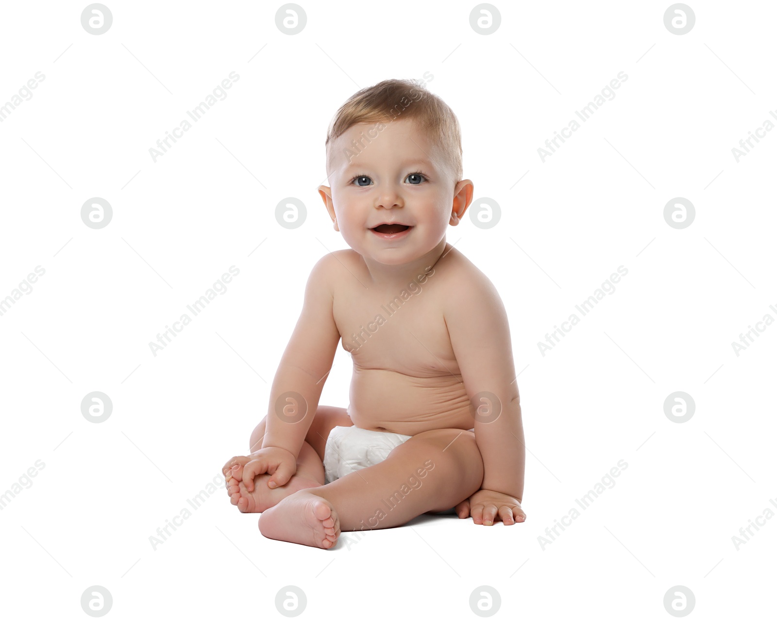 Photo of Little baby in diaper on white background