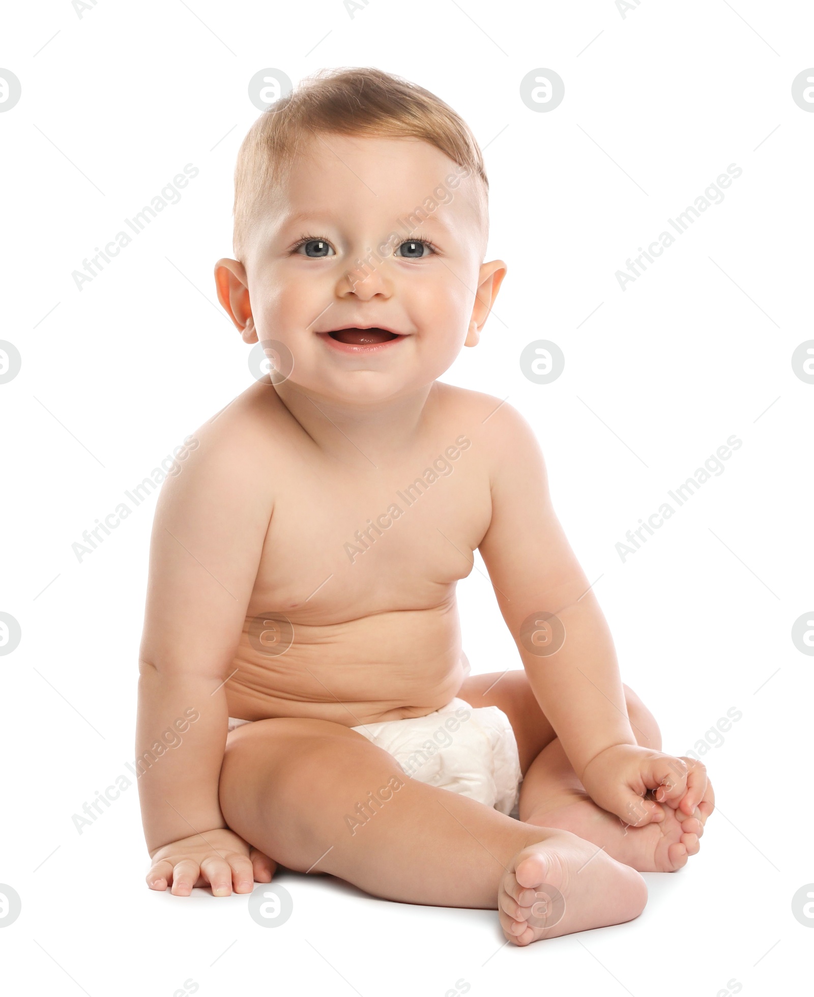 Photo of Little baby in diaper on white background