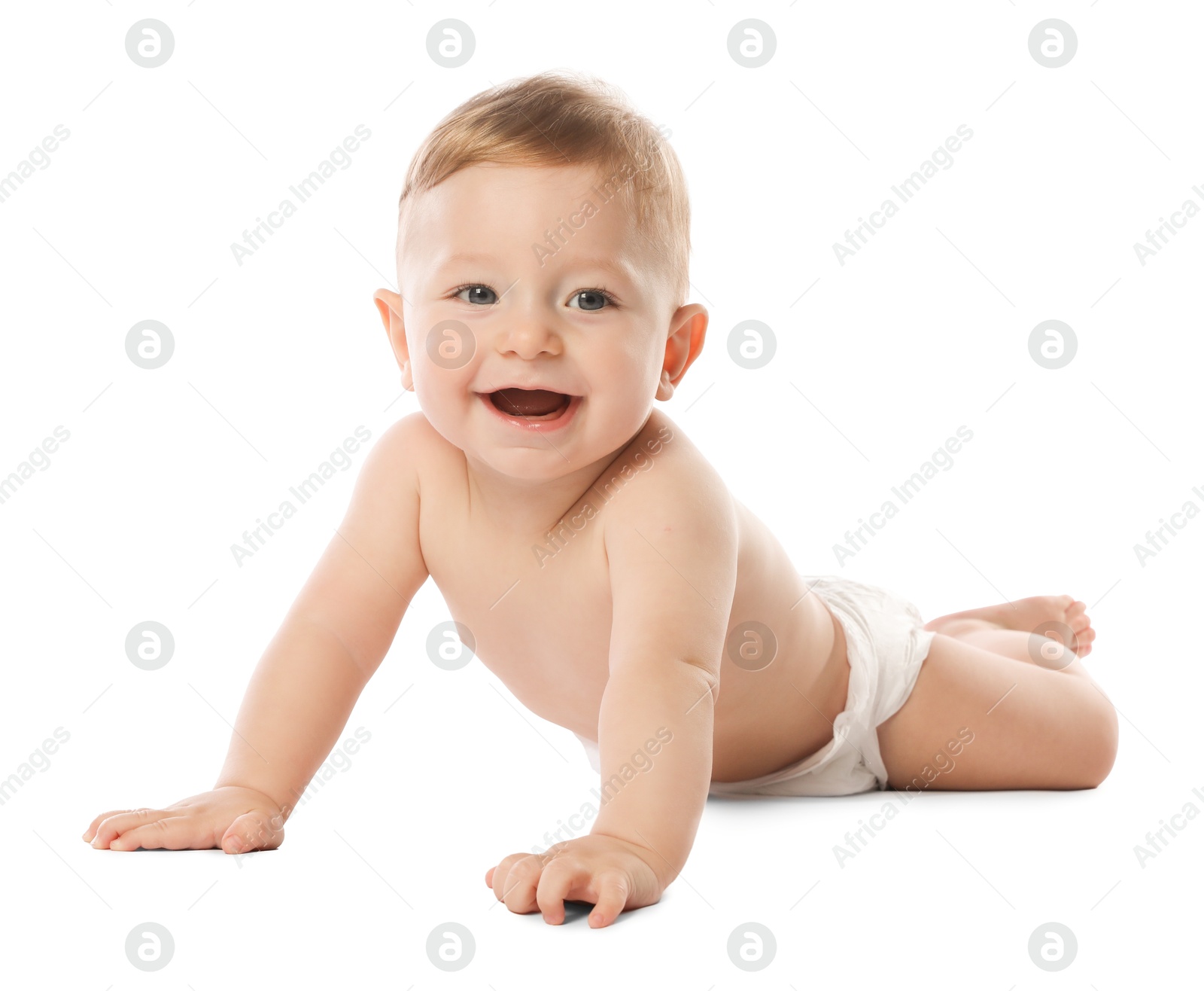 Photo of Little baby in diaper on white background