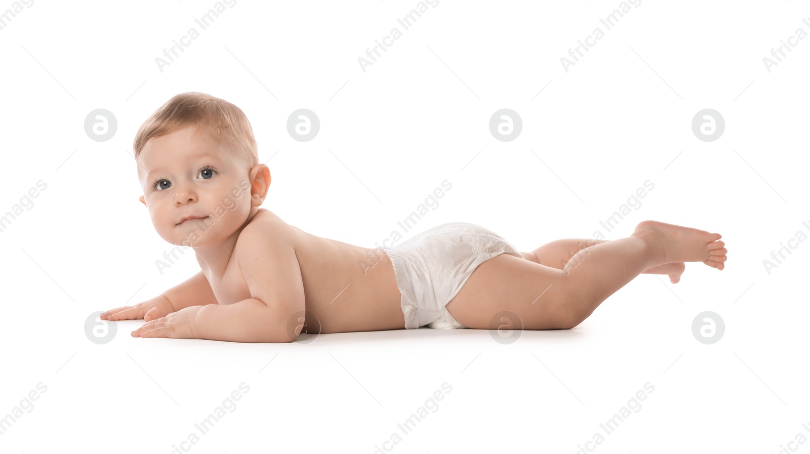 Photo of Little baby in diaper on white background