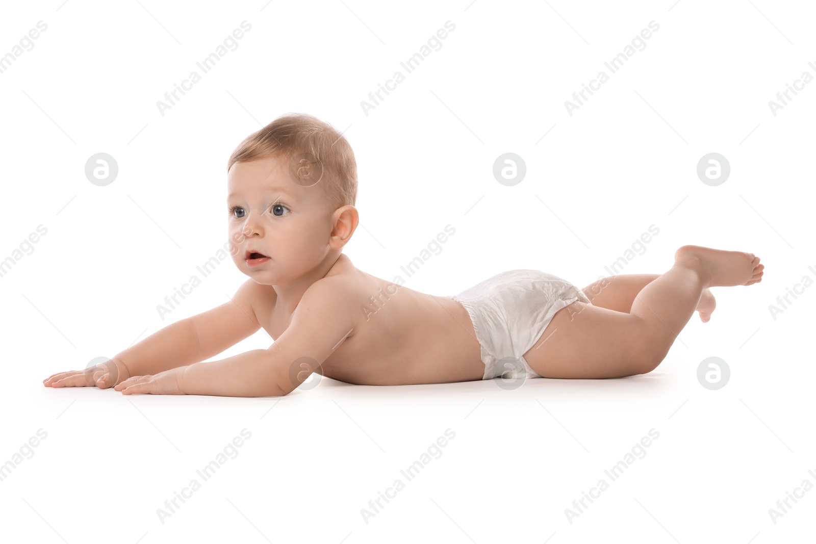 Photo of Little baby in diaper on white background