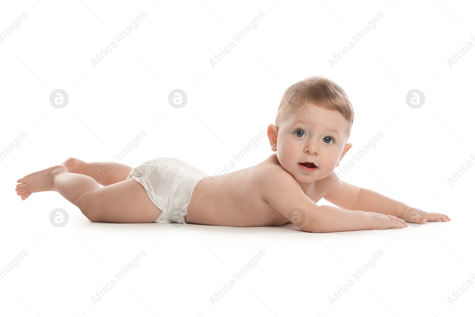 Photo of Little baby in diaper on white background