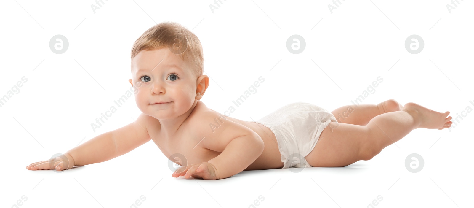 Photo of Little baby in diaper on white background