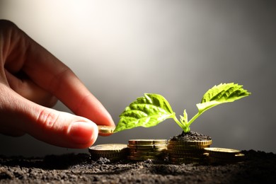 Photo of Money growth concept. Woman putting coins into soil with sprout, closeup. Space for text