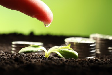 Photo of Money growth concept. Woman dripping water onto coins and sprout in soil, closeup