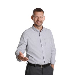 Photo of Portrait of happy banker on white background