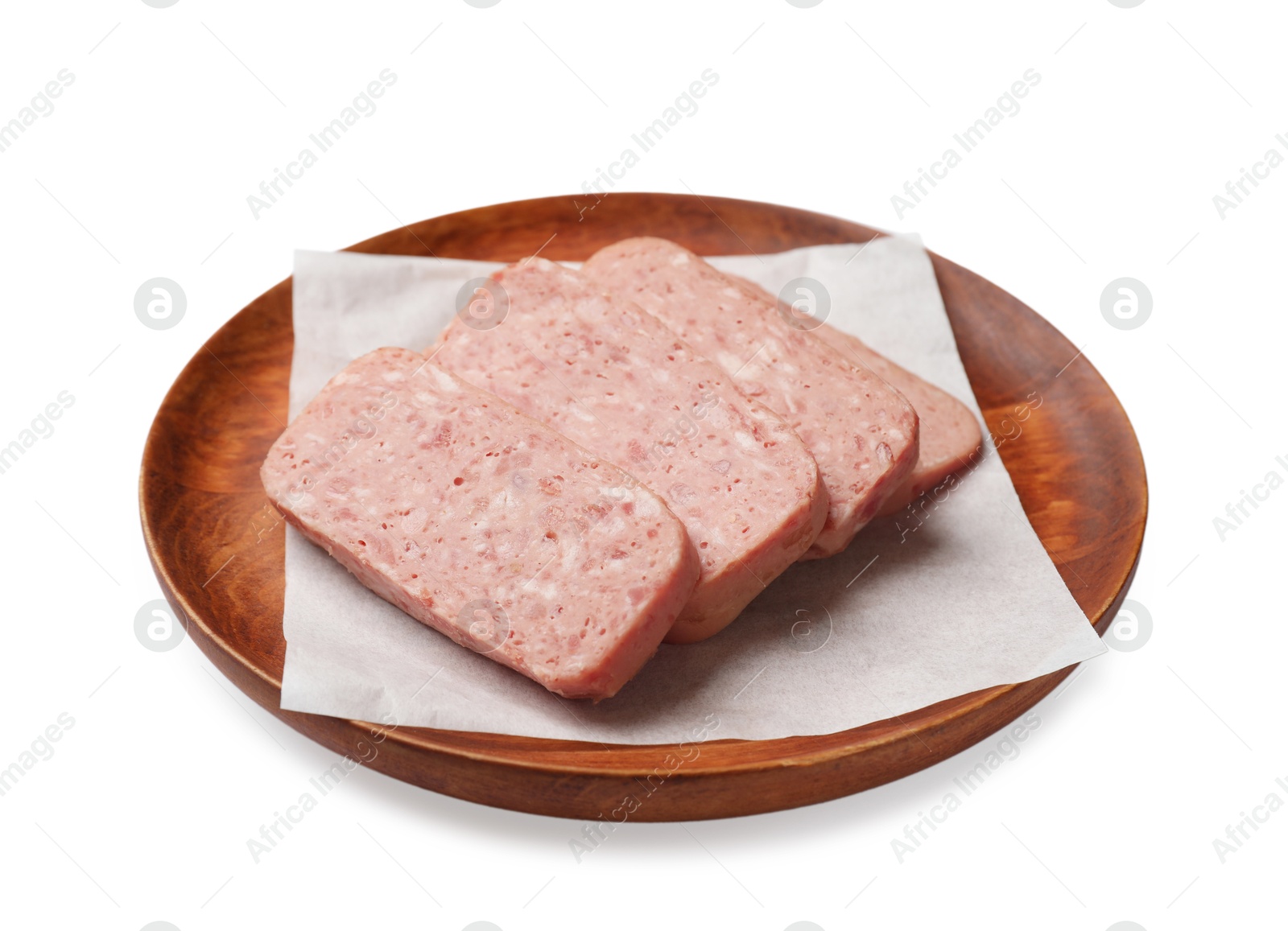 Photo of Pieces of canned meat isolated on white