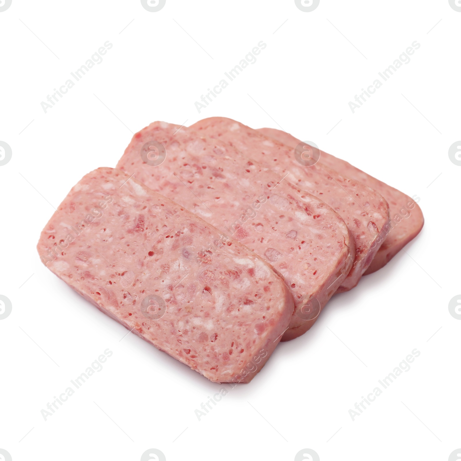 Photo of Pieces of canned meat isolated on white