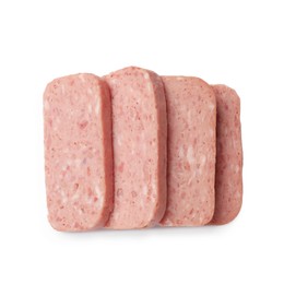 Photo of Pieces of canned meat isolated on white, top view