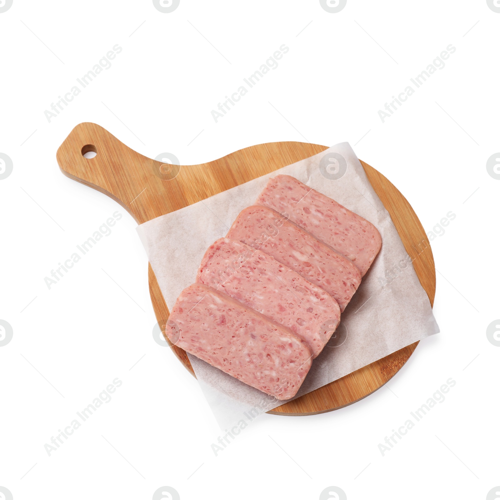 Photo of Pieces of canned meat isolated on white, top view