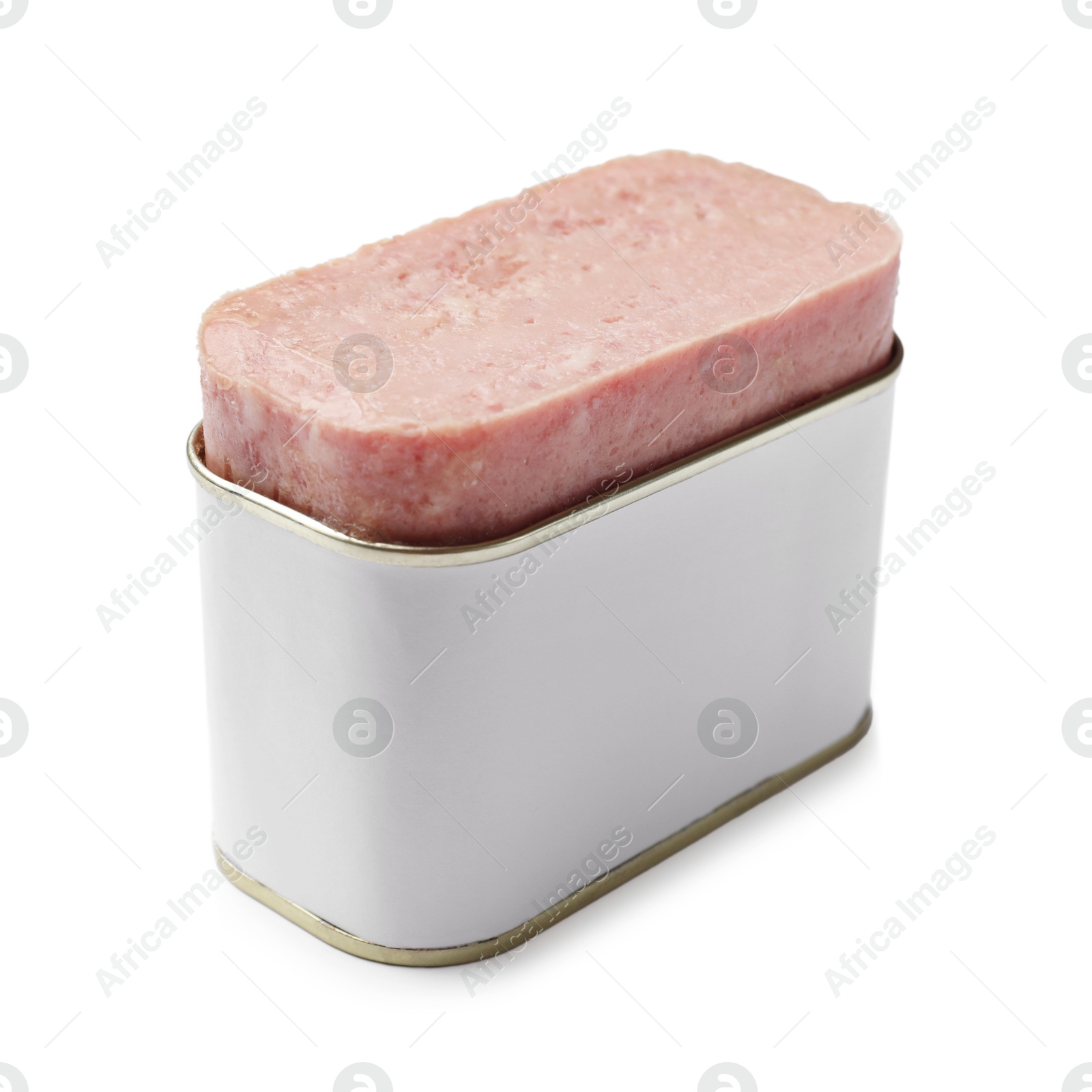 Photo of Canned meat in tin can isolated on white