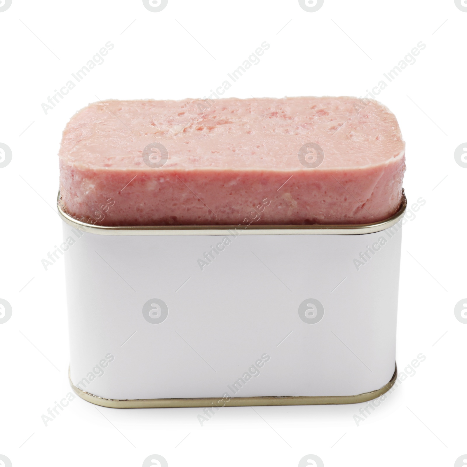 Photo of Canned meat in tin can isolated on white