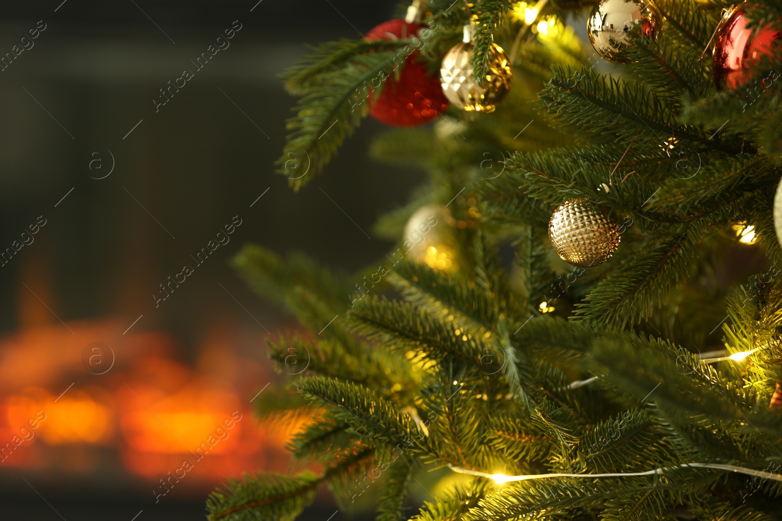 Photo of Beautiful decorated Christmas tree indoors, closeup. Space for text