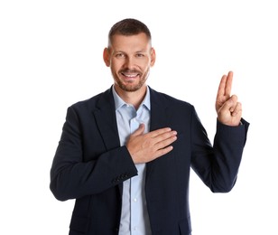 Man showing oath gesture on white background. Making promise