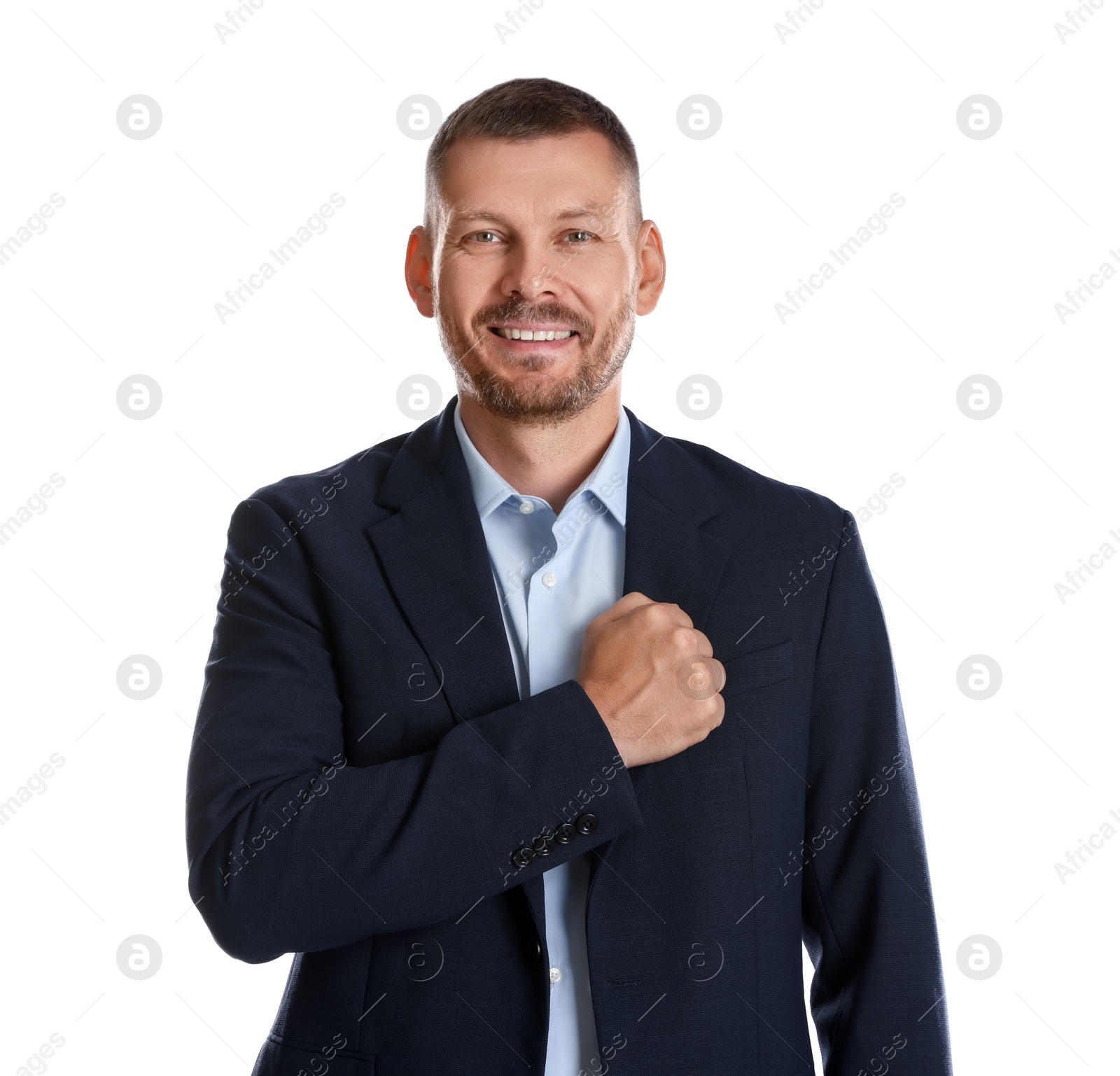 Photo of Man making promise on white background. Oath gesture