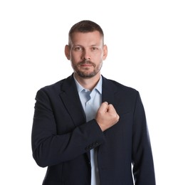 Photo of Man making promise on white background. Oath gesture