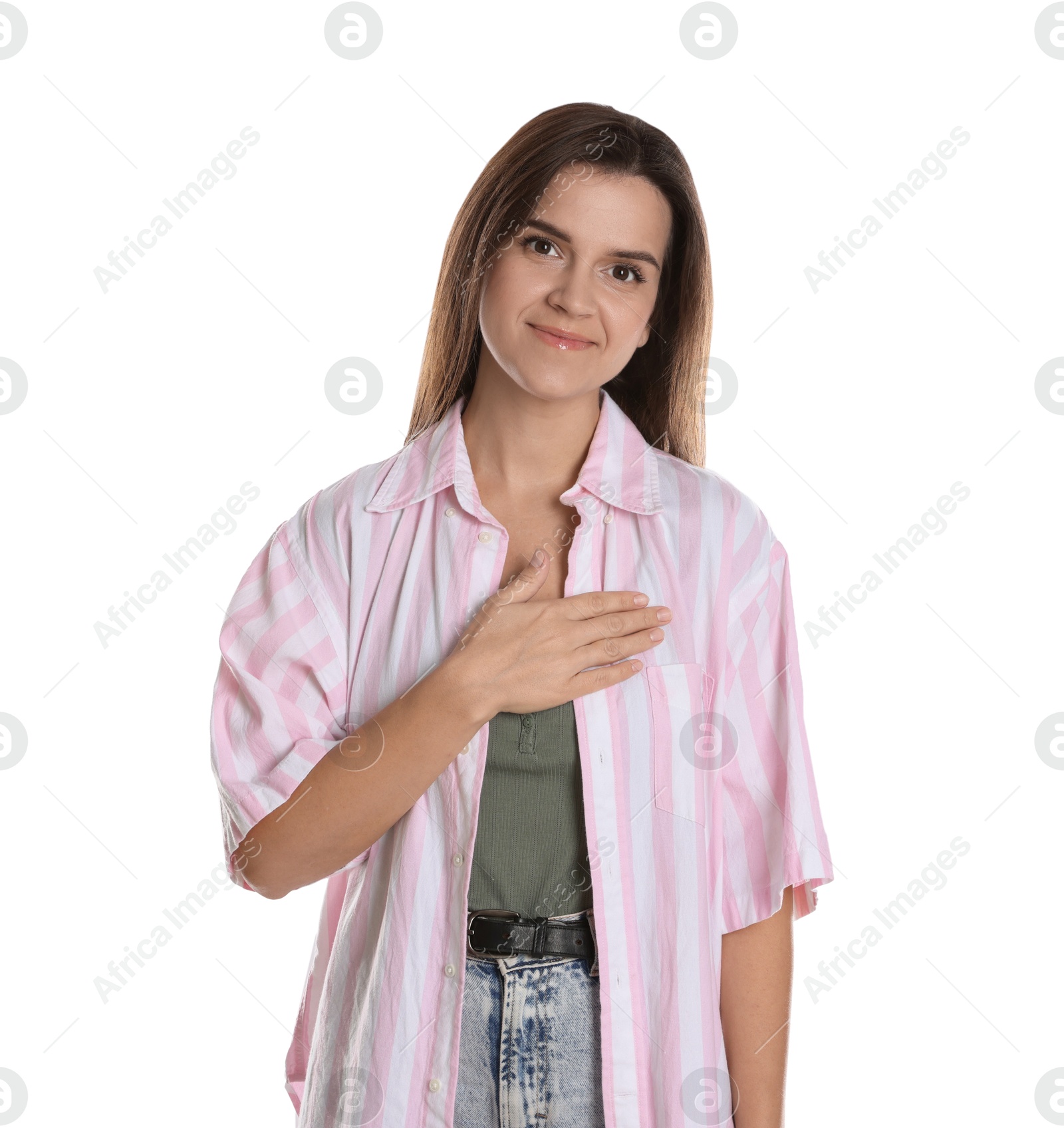 Photo of Woman making promise on white background. Oath gesture