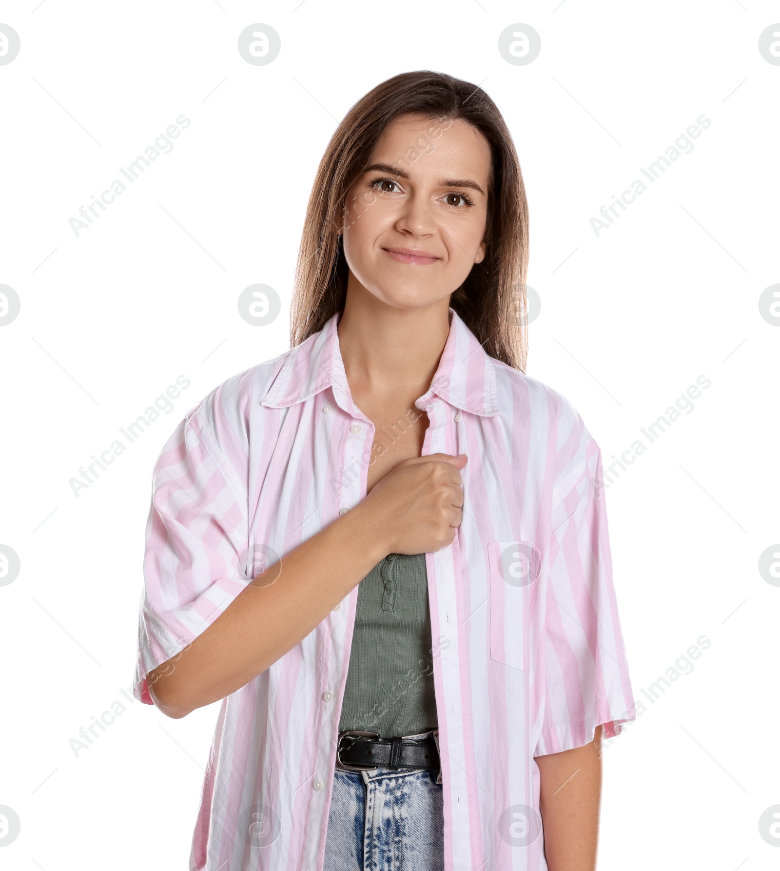 Photo of Woman making promise on white background. Oath gesture