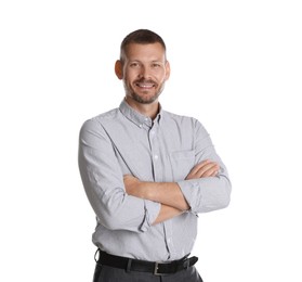 Photo of Portrait of banker with crossed arms on white background