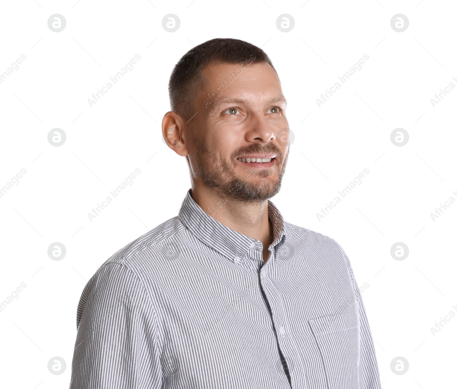 Photo of Portrait of happy banker on white background