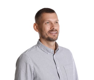 Portrait of happy banker on white background