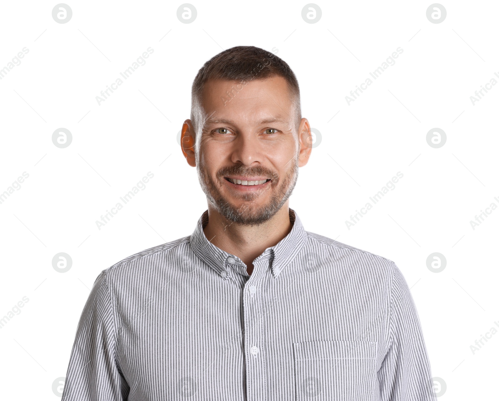 Photo of Portrait of happy banker on white background