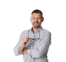 Portrait of banker with glasses on white background