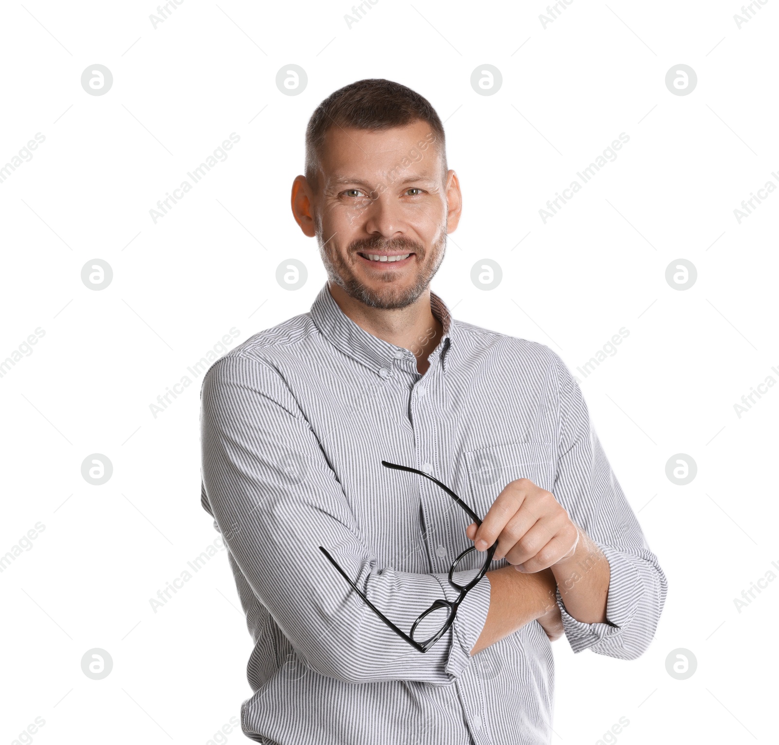 Photo of Portrait of banker with glasses on white background