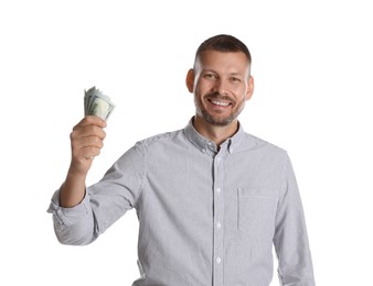 Photo of Banker with dollar banknotes on white background