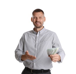 Banker with dollar banknotes on white background