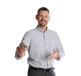 Photo of Banker with dollar banknotes on white background