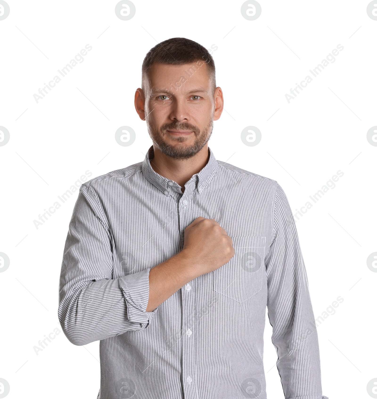 Photo of Man making promise on white background. Oath gesture