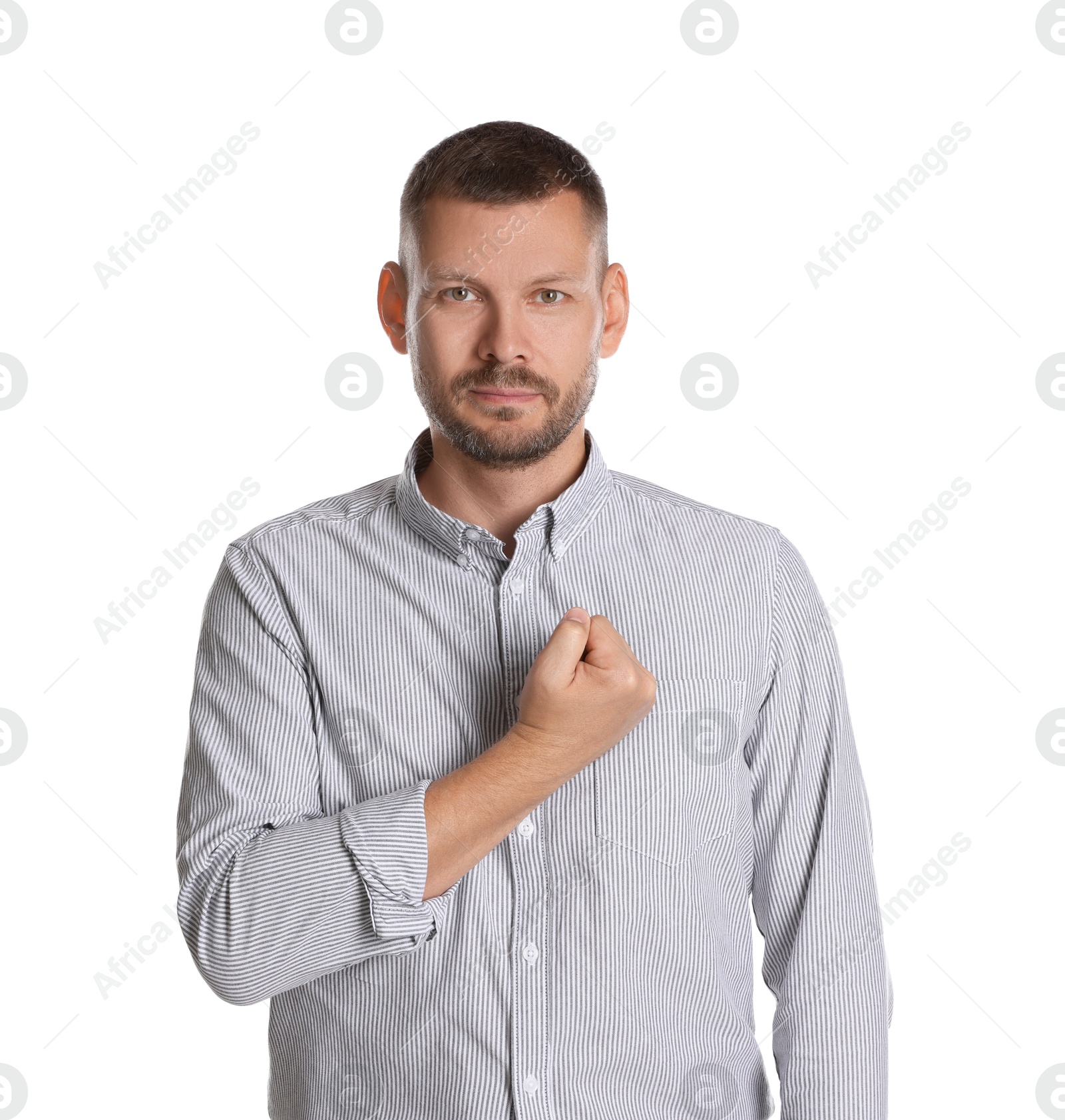 Photo of Man making promise on white background. Oath gesture